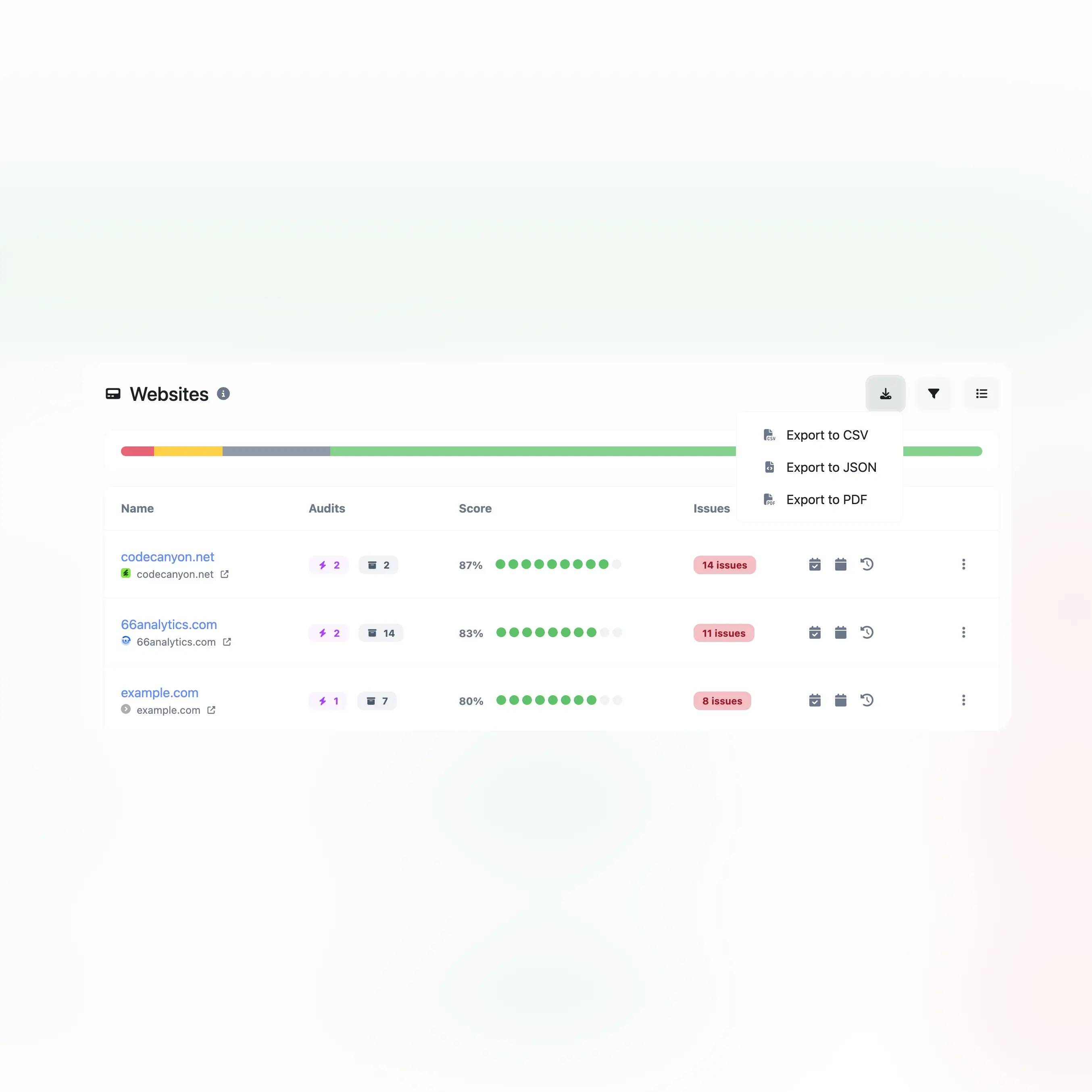 Screenshot der CSV-, PDF- und CSV-Exportfunktionen der App